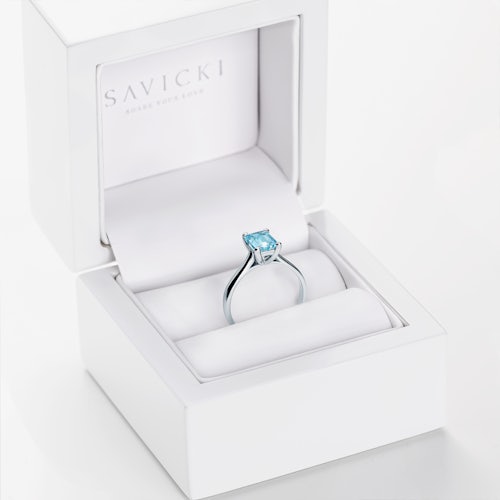 Pierścionek zaręczynowy SAVICKI: białe złoto, akwamaryn